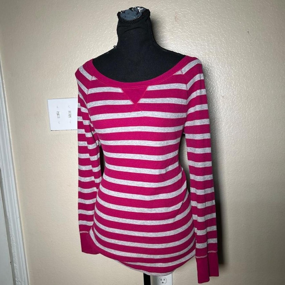 Old Navy Y2K Pink White Striped Long Sleeve Scoop Neck Top Ribbed Knit Large